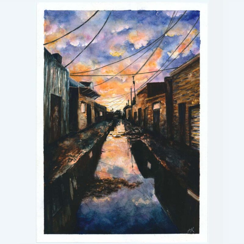 Sunset, Sang the Puddles | SOLD | 21x29.7cm